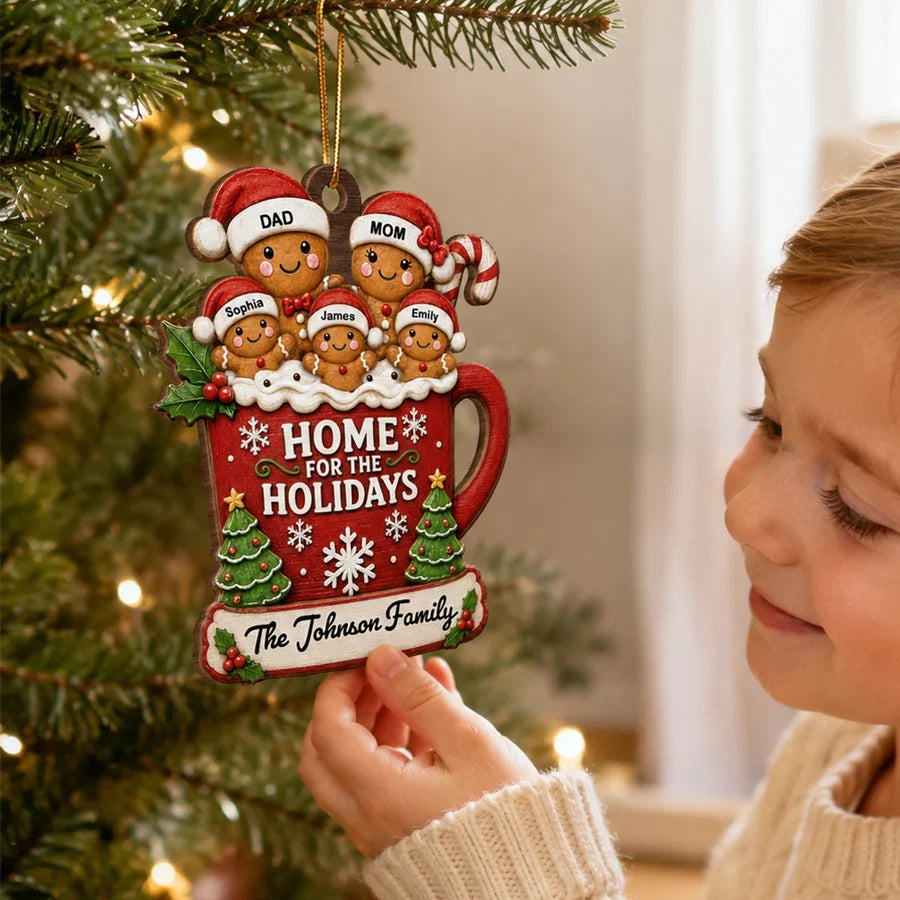Personalized Wooden Ornament, Gingerbread Family in Hot Cocoa on a Christmas Tree, Unique Gift for Mom & Dad