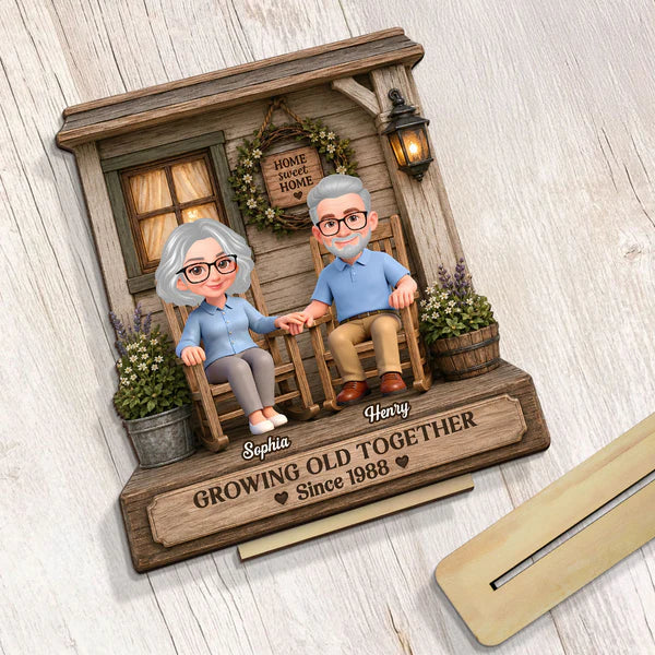 Growing Old Together 2-Layer Wooden Plaque, Rocking Chair Couple Holding Hands, Creative Anniversary Gift