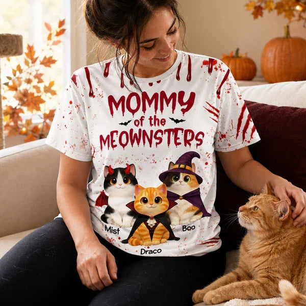 Personalized Printed Classic Tee, Mommy of the Meownsters Cat Lover Halloween Unique Gift