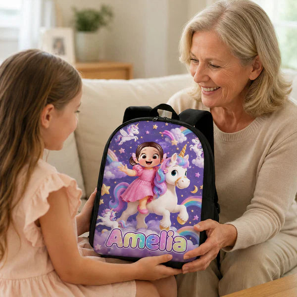 Personalized Kids School Backpack, Girl Riding Unicorn Design, Unique Back to School Gift for Daughter