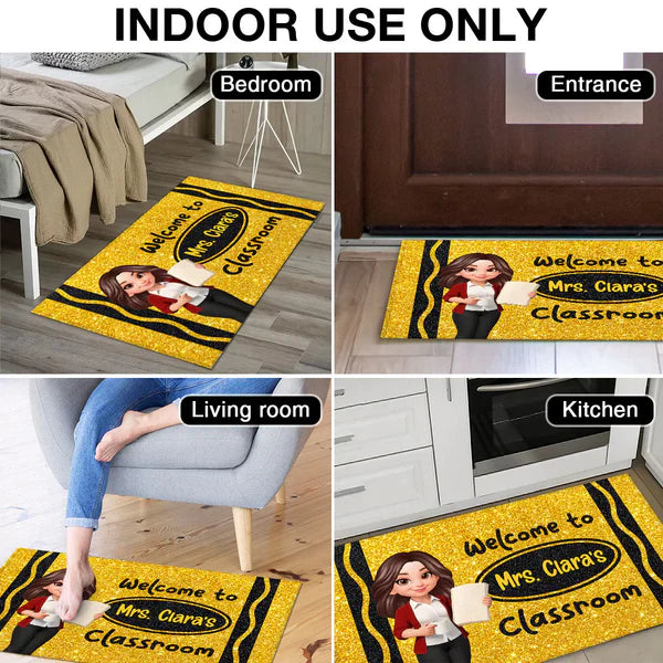 Standard Doormat, Classroom Welcome with Cartoon Teacher Holding Book, Creative Gift for Teacher Entryway