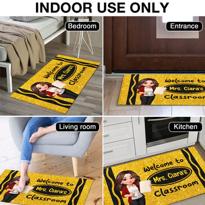 Standard Doormat, Classroom Welcome with Cartoon Teacher Holding Book, Creative Gift for Teacher Entryway