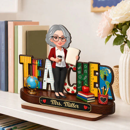 Personalized 2-Layer Wooden Plaque, Standing Cartoon Teacher with School Supplies, Unique Gift for Teacher