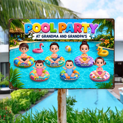 Personalized Rectangular Iron Sign, Pool Party With Cartoon Kids On Floats, Unique Gift For Grandparents
