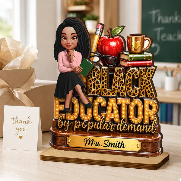2-Layer Wooden Plaque, Black Educator Sitting Teacher Classroom Art, Unique Gift for Teacher