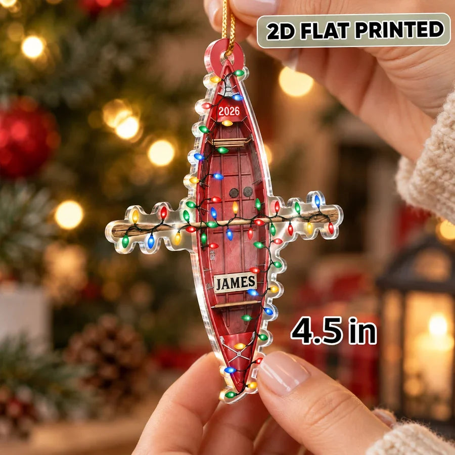 Personalized Red Kayak Acrylic Ornament with Christmas Lights, Unique Gift for Boating Fans