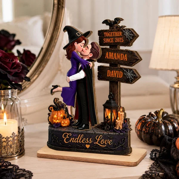 Personalized 2-Layer Wooden Plaque, Kissing Witch Couple Halloween Decor, Unique Gift for Couples