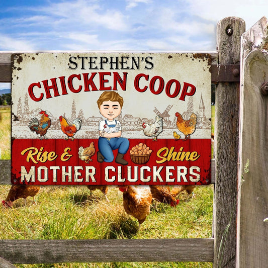 Personalized Rectangular Iron Sign Chicken Coop Farmhouse Cartoon, Rise & Shine Mother Cluckers, Unique Gift