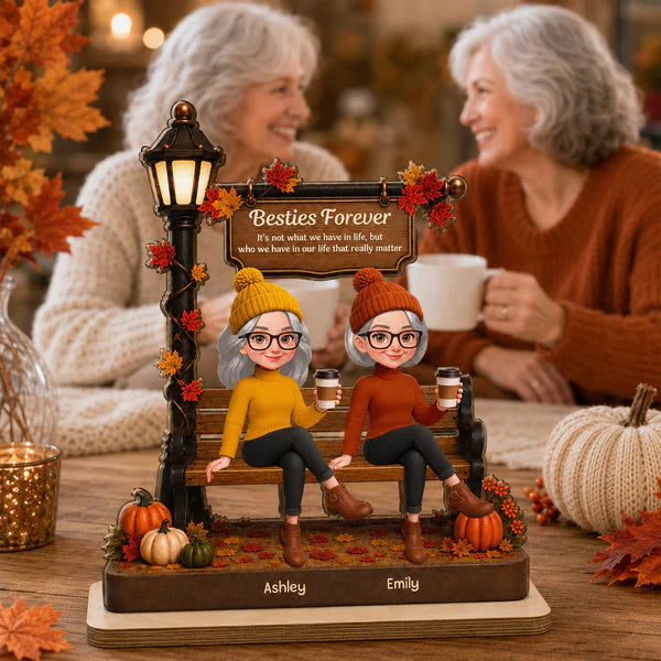 Personalized 2-Layer Wooden Plaque, Fall Besties Sitting Under Lamp Post, Unique Gift for Friend