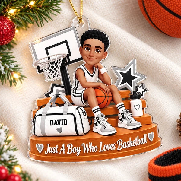 Personalized Acrylic Ornament, Cartoon Boy Sitting with Basketball in Gym, Unique Christmas Gift for Son