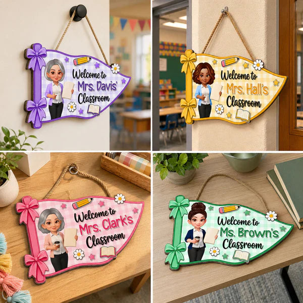 Personalized Wooden Sign for Teacher Classroom Door, Cute Pennant Welcome Decor, Unique Teacher Gift