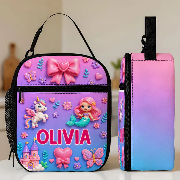 Personalized Kids Lunch Bag With Cute Unicorn & Vehicle Art, Unique Colorful School Gift for Kids