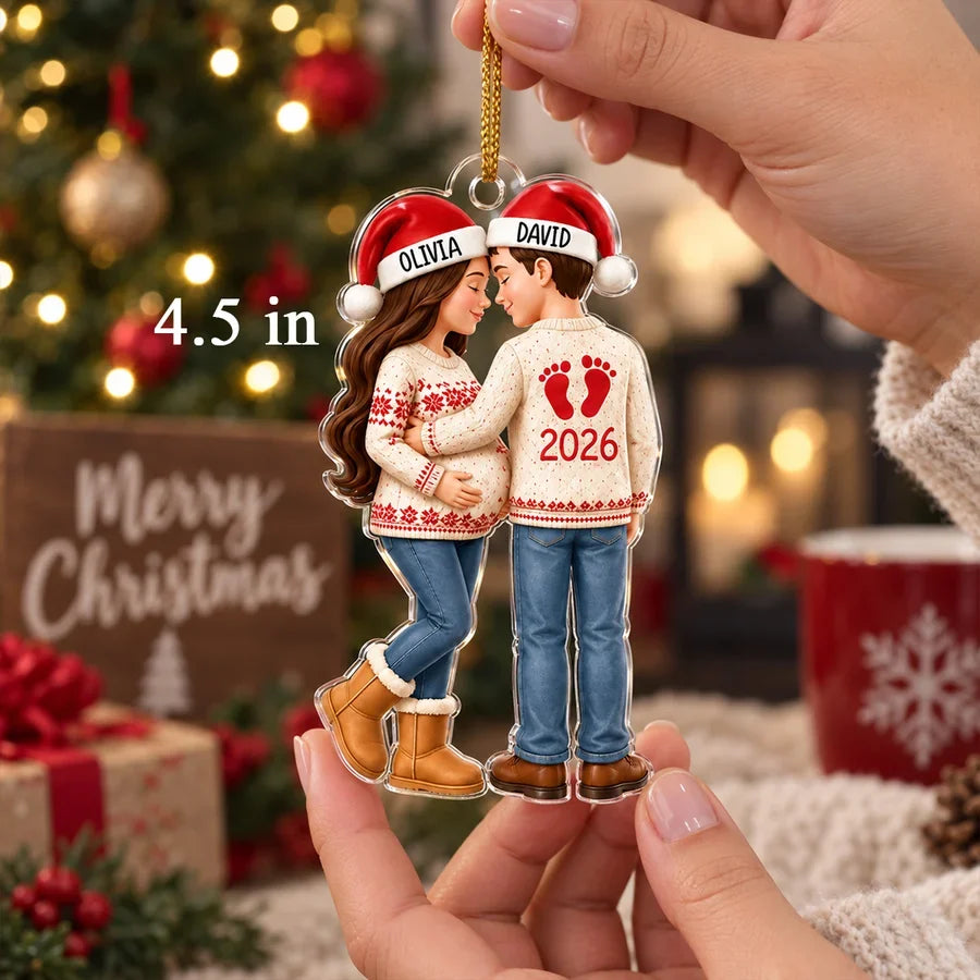 Personalized Acrylic Ornament, Embracing Expecting Couple by a Christmas Tree, Unique Gift for New Parents