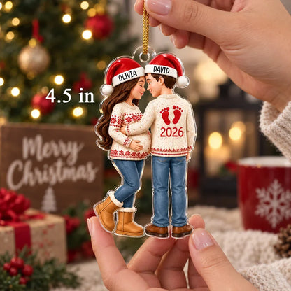 Personalized Acrylic Ornament, Embracing Expecting Couple by a Christmas Tree, Unique Gift for New Parents