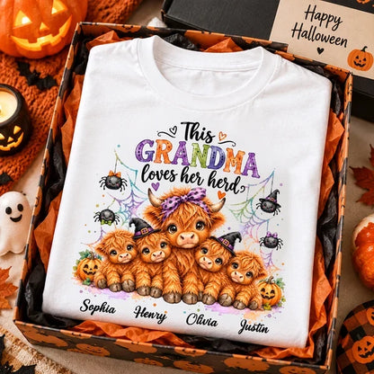 Personalized Grandma Loves Her Herd Sweatshirt, Cute Highland Cows and Spiders, Creative Halloween Gift