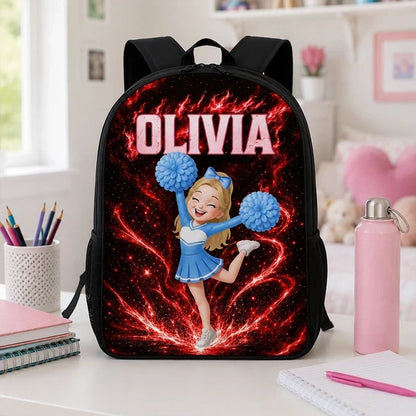 Kids School Backpack, Personalized Red Cheerleader Jumping in a Blue Cosmic Classroom, Creative Back to School Gift for Girls