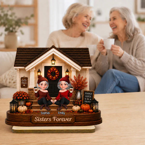 Personalized 2-Layer Wooden Plaque with Fall Porch Sisters, Unique Gift for Sister, Cozy Home Decor