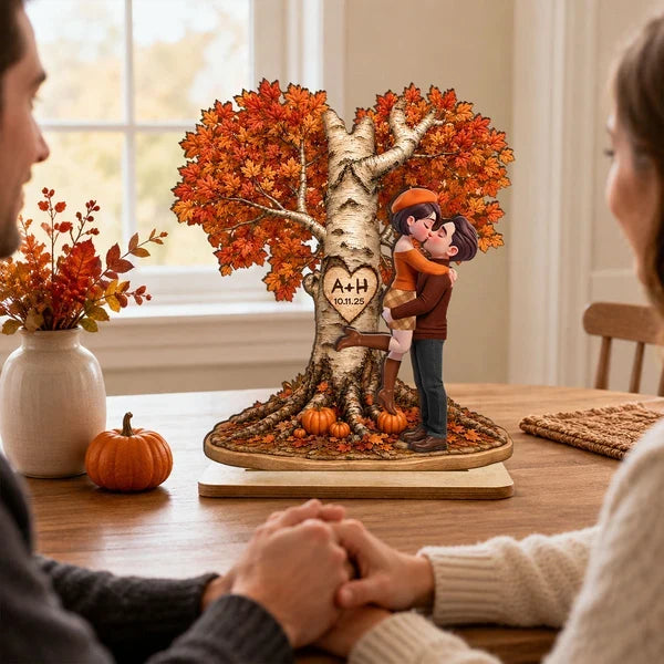 Personalized 2-Layer Wooden Plaque, Fall Love Tree Couple Kiss, Unique Creative Gift for Couple