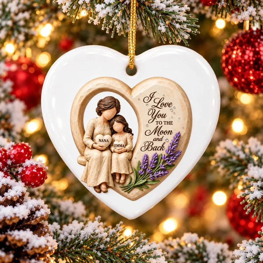 Personalized Ceramic Heart Ornament, Seated Grandma and Granddaughter Christmas Scene, Unique Family Gift
