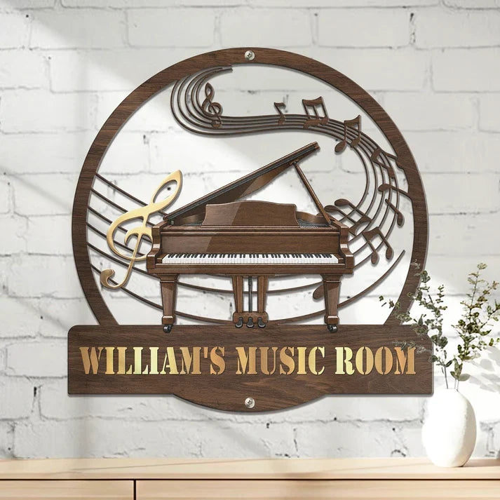 Custom Shaped Metal Sign for a Music Room, Warm Brown Piano Decor and Creative Gift for Music Lovers