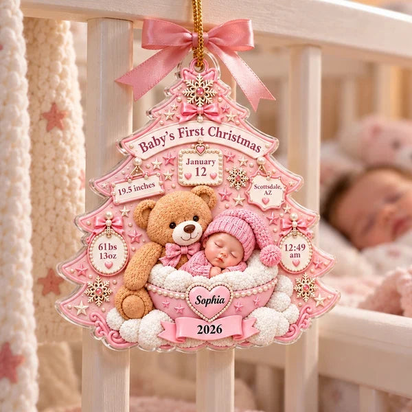Baby's First Christmas Acrylic Ornament, Sleeping Baby and Teddy Bear Keepsake, Personalized Creative Gift for Family