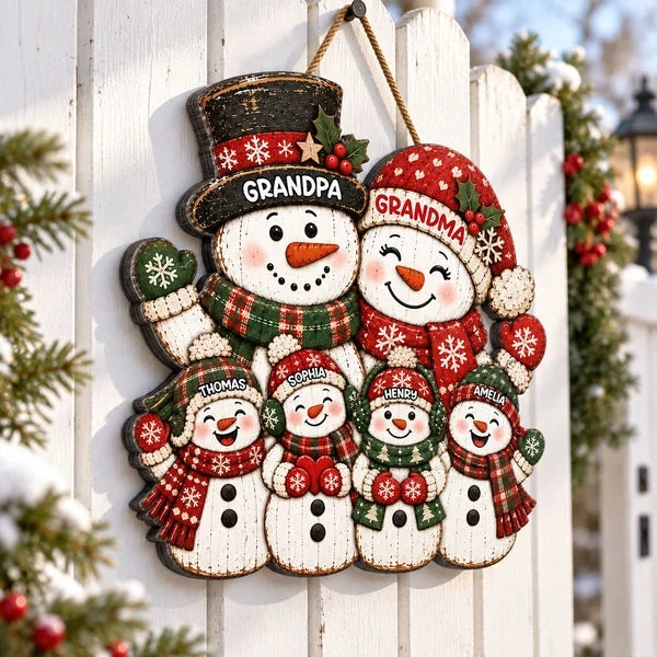 Personalized Wooden Sign, Festive Snowman Family Door Decor, Unique Christmas Gift for Grandparents