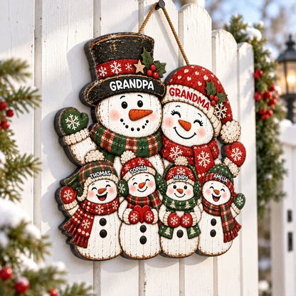 Personalized Wooden Sign, Festive Snowman Family Door Decor, Unique Christmas Gift for Grandparents