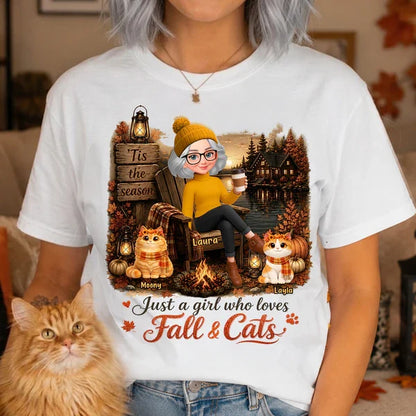 Personalized Sweatshirt, Woman with Cats by an Autumn Lakeside Campfire, Unique Gift for Cat Moms