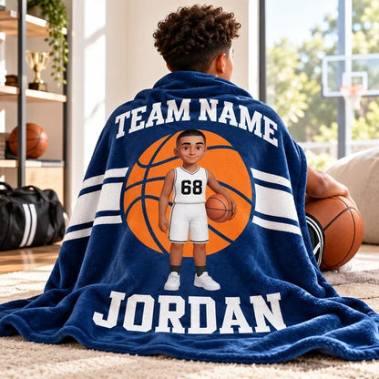 Personalized Fleece Blanket with Cartoon Player Holding a Basketball, Unique Gift for Young Athletes