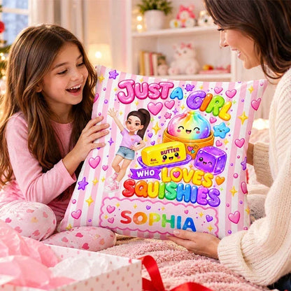 Personalized Square Pillow, Cute Squishy Art With Waving Girl, Pink Rainbow Decor, Unique Gift for Daughter