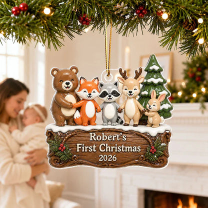 Personalized Acrylic Ornament, Woodland Animal First Christmas, Unique Creative Gift for New Parents
