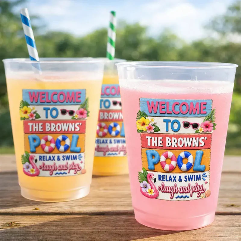 Personalized Frosted Plastic Cup With Tropical Pool Design, Unique Gift For Family Hosts