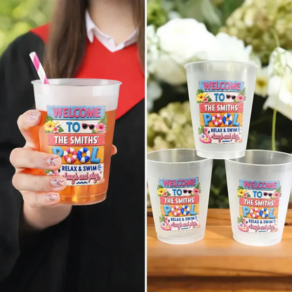 Personalized Frosted Plastic Cup With Tropical Pool Design, Unique Gift For Family Hosts