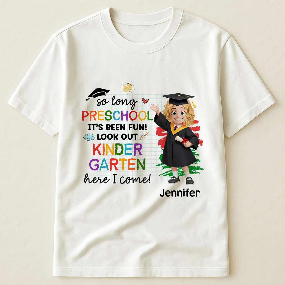 Personalized Preschool Graduation Classic Tee with Cute Cap and Diploma, Kindergarten Here I Come, Unique Gift for Kids