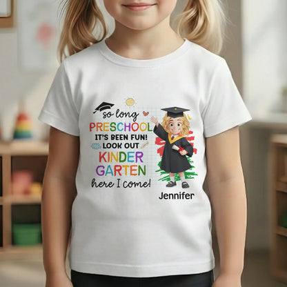 Personalized Preschool Graduation Classic Tee with Cute Cap and Diploma, Kindergarten Here I Come, Unique Gift for Kids