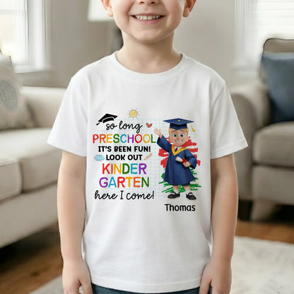 Personalized Preschool Graduation Classic Tee with Cute Cap and Diploma, Kindergarten Here I Come, Unique Gift for Kids