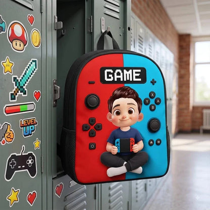 Personalized Kids School Backpack, Red and Blue Cartoon Gamer Boy Holding a Controller, Creative Gift for Young Gamers