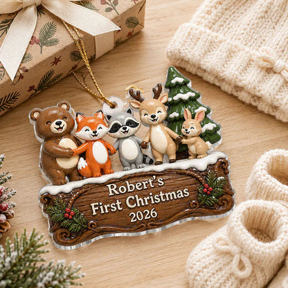Personalized Acrylic Ornament, Woodland Animal First Christmas, Unique Creative Gift for New Parents