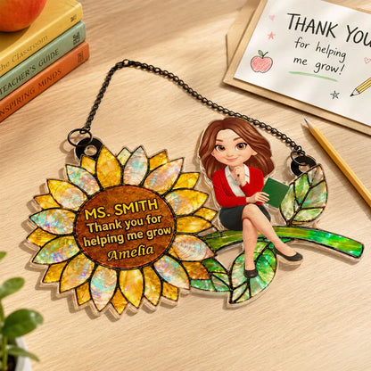 Personalized Acrylic Suncatcher Ornament for Teacher, Unique Sunflower Gift with Cartoon Teacher Holding a Book