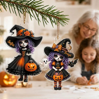 Personalized Acrylic Ornament, Little Witch On Pumpkin With Black Cat, Unique Halloween Gift For Daughter