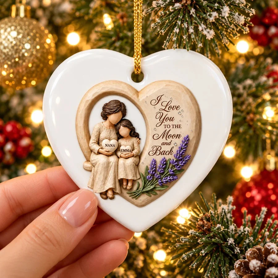 Personalized Ceramic Heart Ornament, Seated Grandma and Granddaughter Christmas Scene, Unique Family Gift