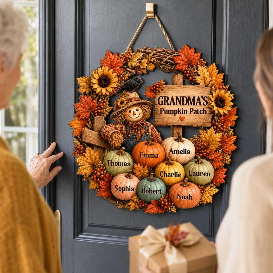 Personalized Wooden Sign with Scarecrow Pumpkin Patch, Autumn Door Decor, Unique Gift for Grandma