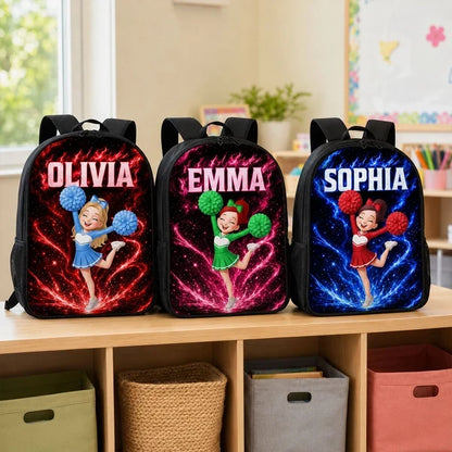 Kids School Backpack, Personalized Red Cheerleader Jumping in a Blue Cosmic Classroom, Creative Back to School Gift for Girls