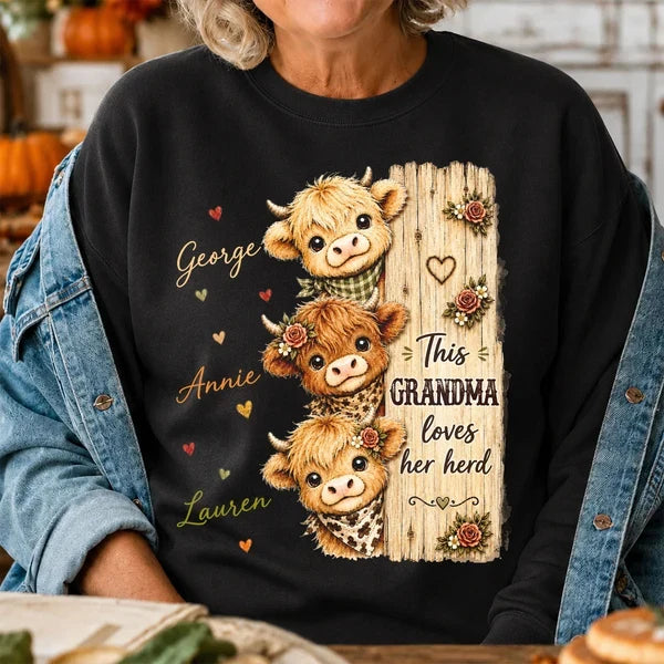 Personalized Grandma Sweatshirt with Highland Cow Herd, Unique Gift for Everyday Family Love