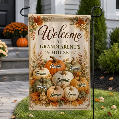 Personalized Garden Flag, Fall Pumpkin Yard Decor with Welcome to Grandparents' House, Unique Gift for Grandma & Grandpa