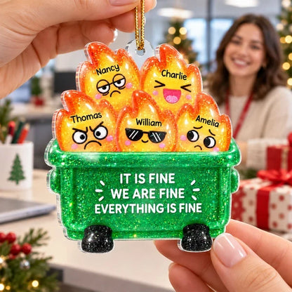 Personalized Acrylic Ornament, Bright Dumpster Fire Cartoon, Unique Christmas Gift for Friends and Coworkers