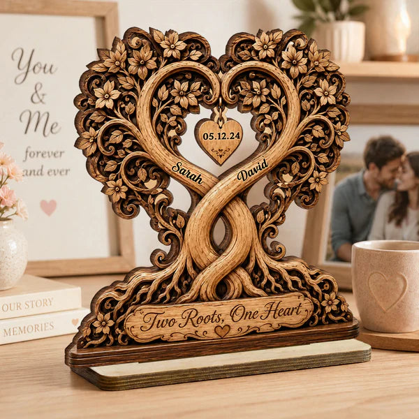 Personalized 2-Layer Wooden Plaque, Two Roots One Heart Couple Keepsake, Unique Gift for Partners