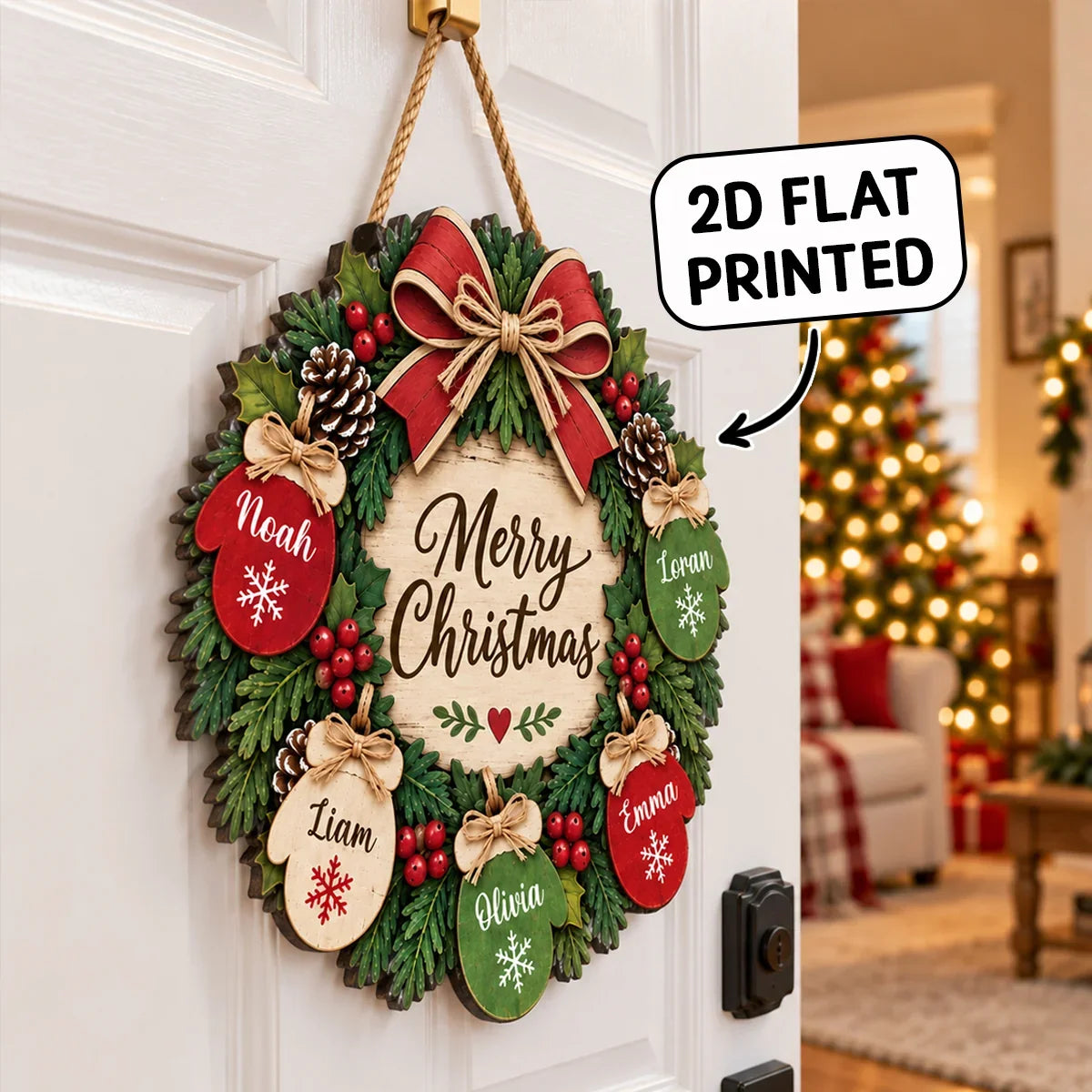 Personalized Christmas Door Sign with Mitten Wreath, Rustic Family Decor, Unique Gift for Grandparents
