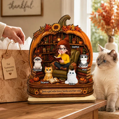 Personalized 2-Layer Wooden Plaque, Reading Girl with Cats in an Autumn Library, Unique Gift for Book Lovers