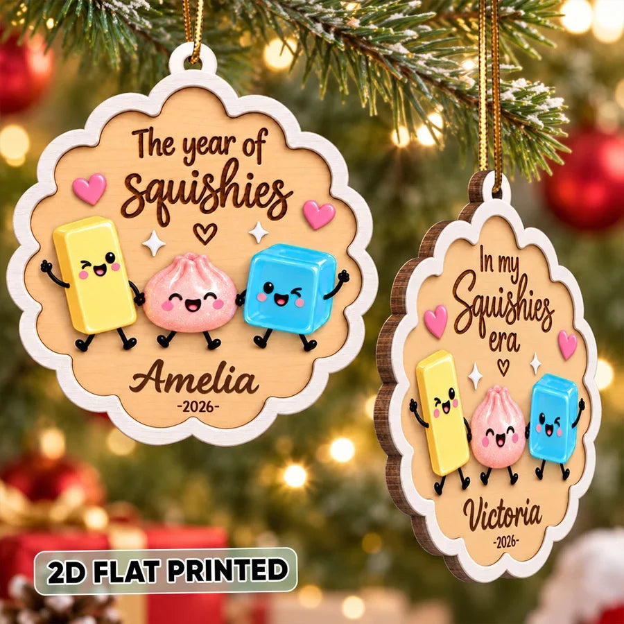 Personalized Wooden Ornament with Colorful Squishy Friends, Unique Gift for Collectors and Christmas Tree Decor
